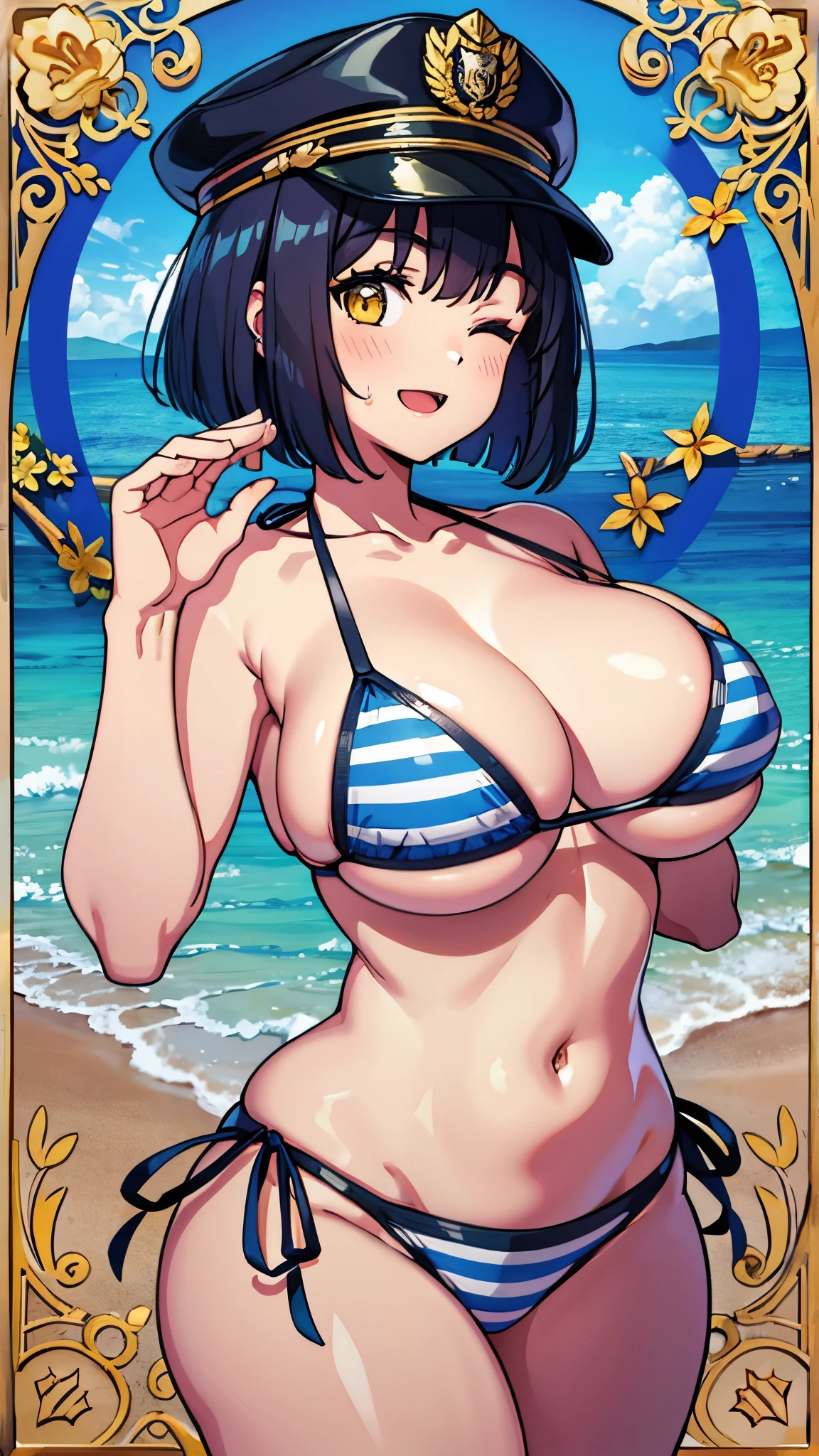 (( close、16k、highest quality、Attention to detail、Rich skin detail, Browsing Caution、Sex、Muscular)),Police Hat、((((Swollen nipples、Huge breasts))))、(Navy Blue Bikini),(Yellow Eyes)、((Bobcut))、((Black Hair))、(Beautiful Eyes),((Hands on chest、Kneel))、 One eye closed、((Sweat、Wet))、 ((blush))、(Wide Hips、Thick thighs)、((((Embarrassing、surprised))))、:d、((Beach))