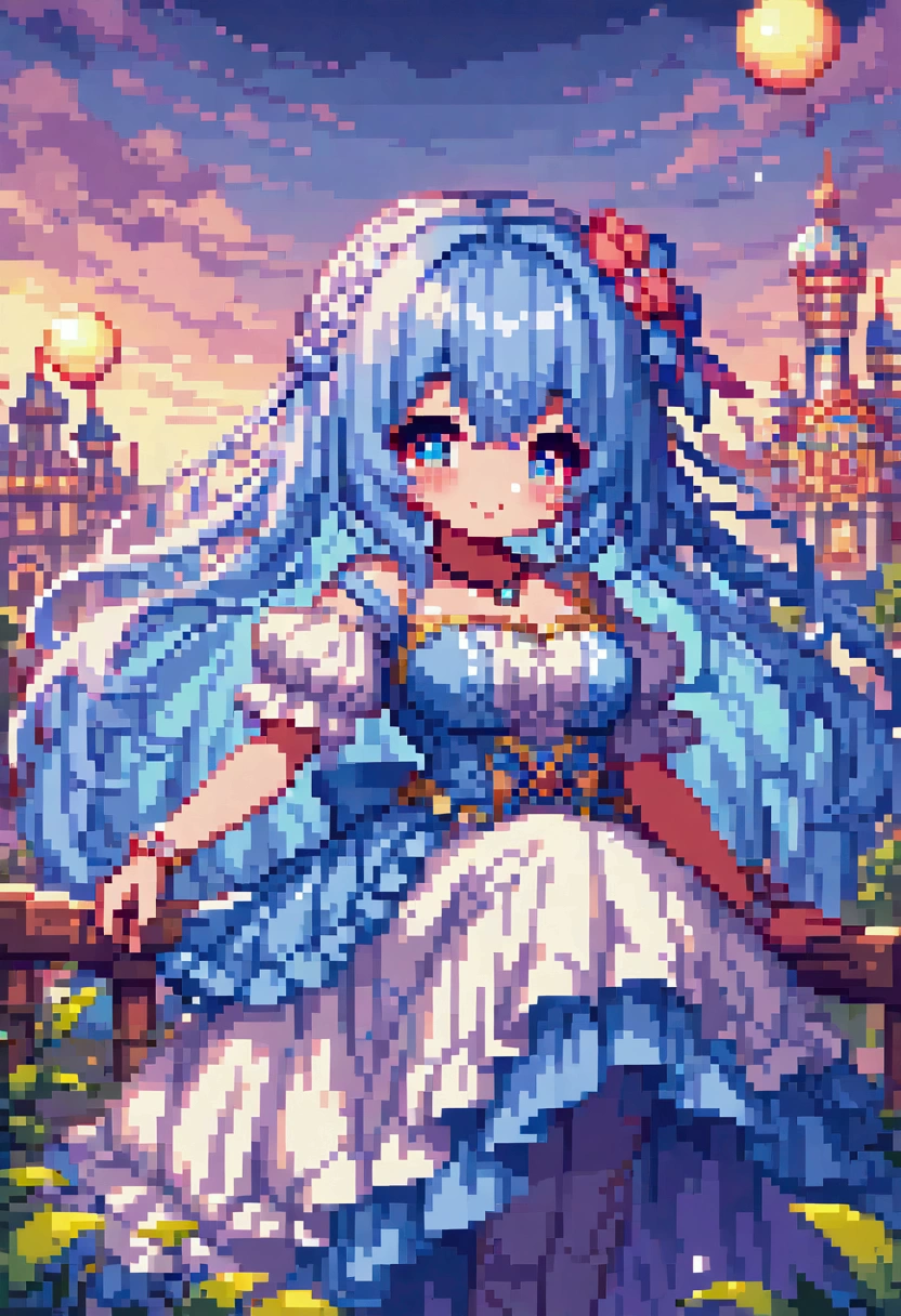 colorful fantasy amusement park, Magical Bubbles floating everywhere，Pixel Art, Low resolution,  block , Pixel Art风格, 8-bit graphics, Anime Girl，Gradient eyes， disheveled blue hair ， blush， charming smile ， Elegant and flowing dress ，Hair accessories，necklace， Whimsical and magical atmosphere ，Soft Light， bright colors ， surreal clouds ，Beautiful bokeh，Film composition，Wide-angle field of view， Stunning visual effects ，Imaginative