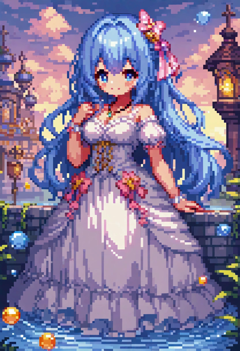 colorful fantasy amusement park, Magical Bubbles floating everywhere，Pixel Art, Low resolution,  block , Pixel Art风格, 8-bit graphics, Anime Girl，Gradient eyes， disheveled blue hair ， blush， charming smile ， Elegant and flowing dress ，Hair accessories，necklace， Whimsical and magical atmosphere ，Soft Light， bright colors ， surreal clouds ，Beautiful bokeh，Film composition，Wide-angle field of view， Stunning visual effects ，Imaginative