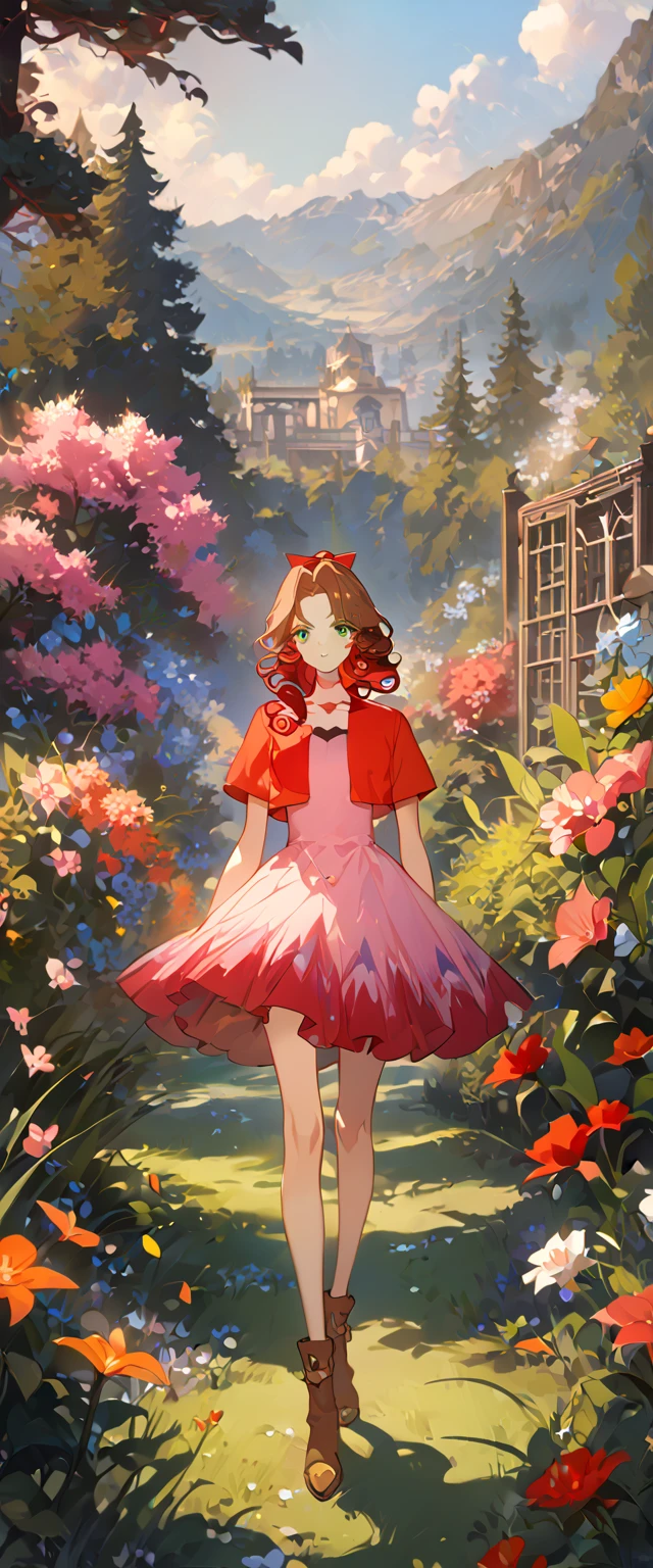 masterpiece, best quality, 8k, 4k, 1girl, aerith gainsborough, brown hair, high middle bang, longer side curly bang, long tight curly ponytail, green eyes, red hair ribbon, red bolero jacket, short sleeve jacket, cropped jacket, black tie choker, long pink straight dress, brown boots, bangles, walking in a garden, flowers, detailed background,, inspired by Asukaziye artist : ask, art style : ask