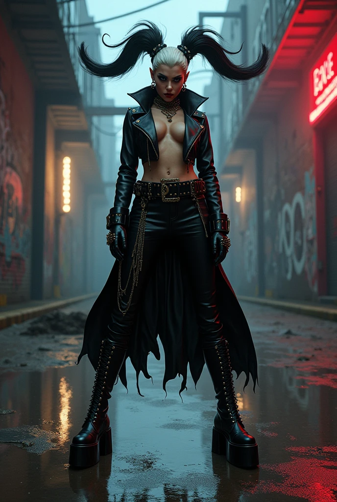 In the heart of a dystopian metropolis, a full body zombie woman emerges from the shadows. Her decaying flesh clings to her skeletal frame, each detail intricately rendered in dark cyberpunk horror style. Her eyes, sunken and empty, fixate on the viewer with a disdainful gaze. She wears a sexually explicit leather outfit, every stitch and buckle visible in the raymond swanland style. The disgusting decay of her flesh is emphasized by the futuristic, gothic-cyberpunk decorative art of the background.
A cyberpunk detective, clad in a trench coat, approaches her