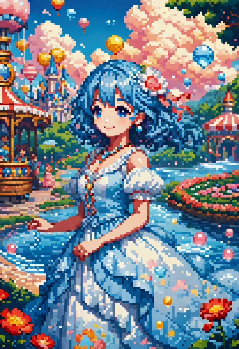 colorful fantasy amusement park, Magical Bubbles floating everywhere，Pixel Art, Low resolution,  block , Pixel Art风格, 8-bit graphics, Anime Girl，Gradient eyes， disheveled blue hair ， blush， charming smile ， Elegant and flowing dress ，Hair accessories，necklace， Whimsical and magical atmosphere ，Soft Light， bright colors ， surreal clouds ，Beautiful bokeh，Film composition，Wide-angle field of view， Stunning visual effects ，Imaginative