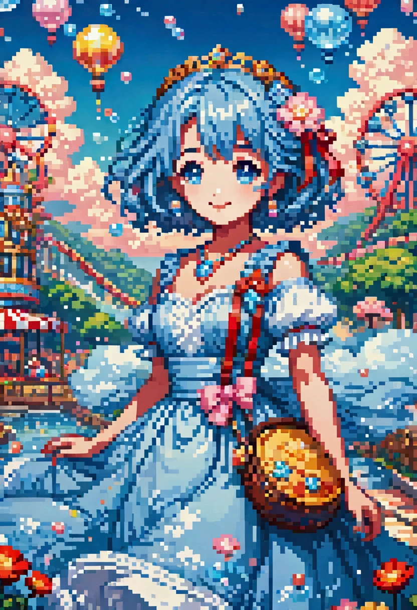 colorful fantasy amusement park, Magical Bubbles floating everywhere，Pixel Art, Low resolution,  block , Pixel Art风格, 8-bit graphics, Anime Girl，Gradient eyes， disheveled blue hair ， blush， charming smile ， Elegant and flowing dress ，Hair accessories，necklace， Whimsical and magical atmosphere ，Soft Light， bright colors ， surreal clouds ，Beautiful bokeh，Film composition，Wide-angle field of view， Stunning visual effects ，Imaginative