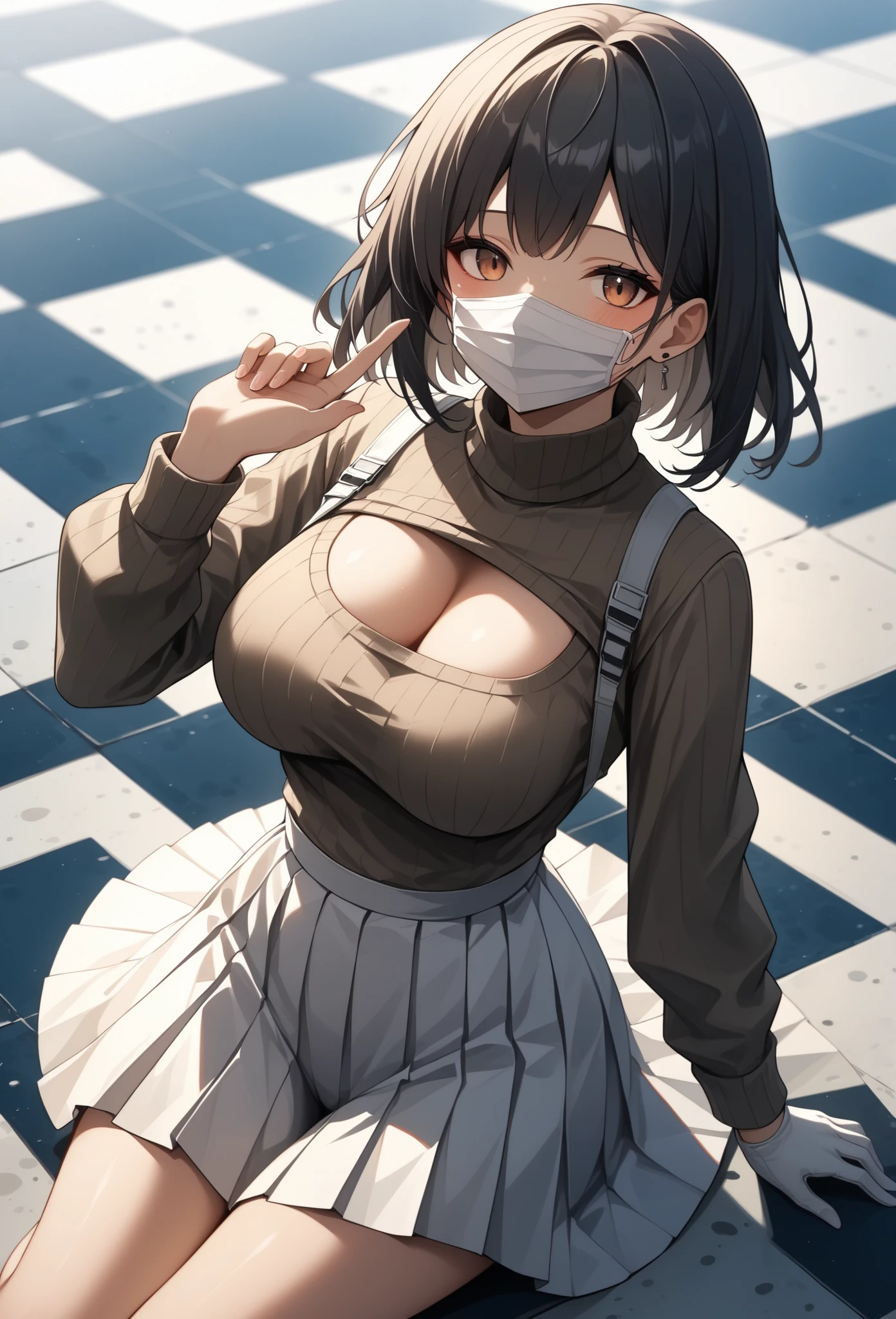 masterpiece, best quality, very aesthetic, absurdres, newest,1girl,upper body,Condom in mouth, double V gesture,blush,tear in eyes,white_sweat in face,embarrassed,,san_(mononoke_hime),mononoke_hime, brown_hair,short_hair, red facepaint, tooth_necklace, ,white fur_cape, white top,black short skirt,,in a plaza