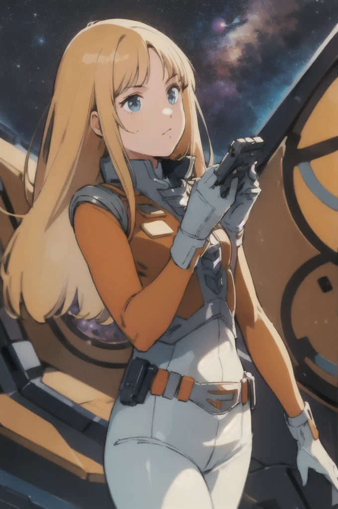 masterpiece,  best quality, space,  1 girl ,Alone, cowboy shooting alone,science fiction,
 Alfin, blonde hair , Long Hair,