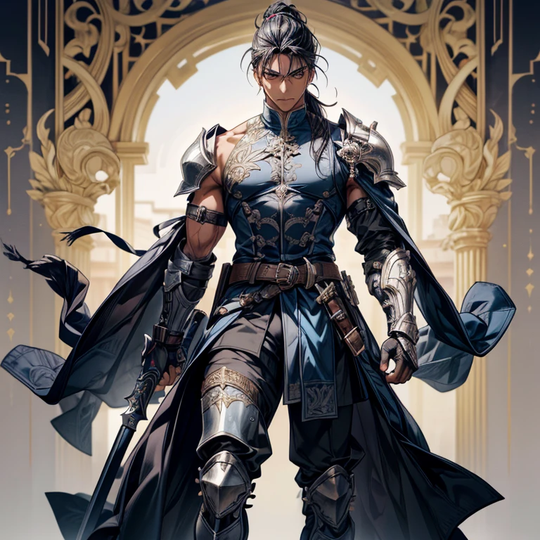 (PERFECT ANATOMY ), ( Young man), (20 years), A dark-skinned boy , thin, with a toned body , with defined muscles , he has large Rastafarian hair , ( long black hair and arms ), with the sides of his head bald , (tied in a ponytail), He wears dark blue and silver adventurer armor , who constitutes shoulder pads , arm protectors and crotch , boots and shin guards and loins protectors . He holds two large black metal axes with gold details, (standing), ( full body ), (neutral background).