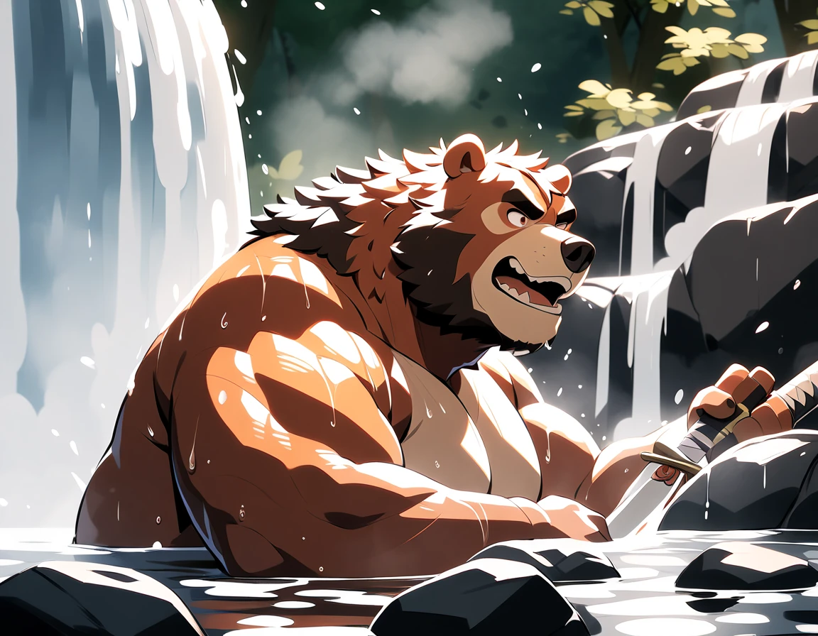  big overweight bear man bathing in a waterfall, masterpiece,  best quality , Brandishing a sword、 Very Beautiful 、samurai boy、white riding hood、anger、Right under the waterfall、Bathing in a waterfall、 beautiful splashes 、having sex、yaoi