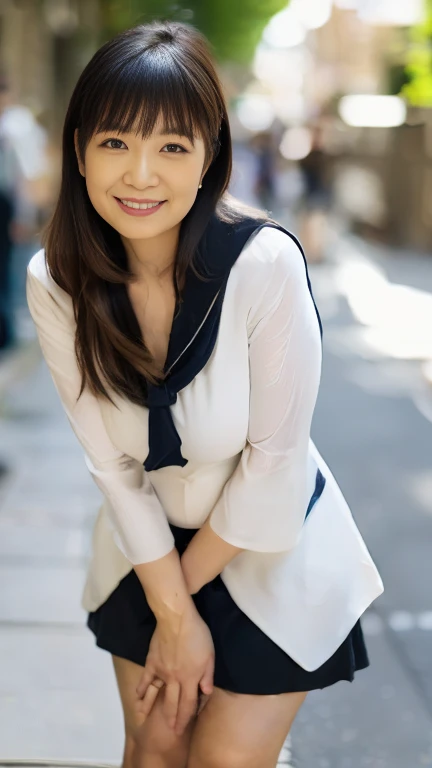 full body shot, from below,  japanese mature, 78 years old,  detailed face , smile, Facial wrinkles,  detailed skin texture ,  white skin, (curvy body,  plump thighs:1.5), (sailor saturn, tiara, sailor senshi uniform:1.2), ( full body shot from toe to head wearing black high heels, Standing on the sidewalk, standing:1.2), ( surrealism, best quality, ultra detailed, absolutely resolution, 8k, anatomically correct), depth of field, looking at viewer, tachi-e, (JMA), (kz)