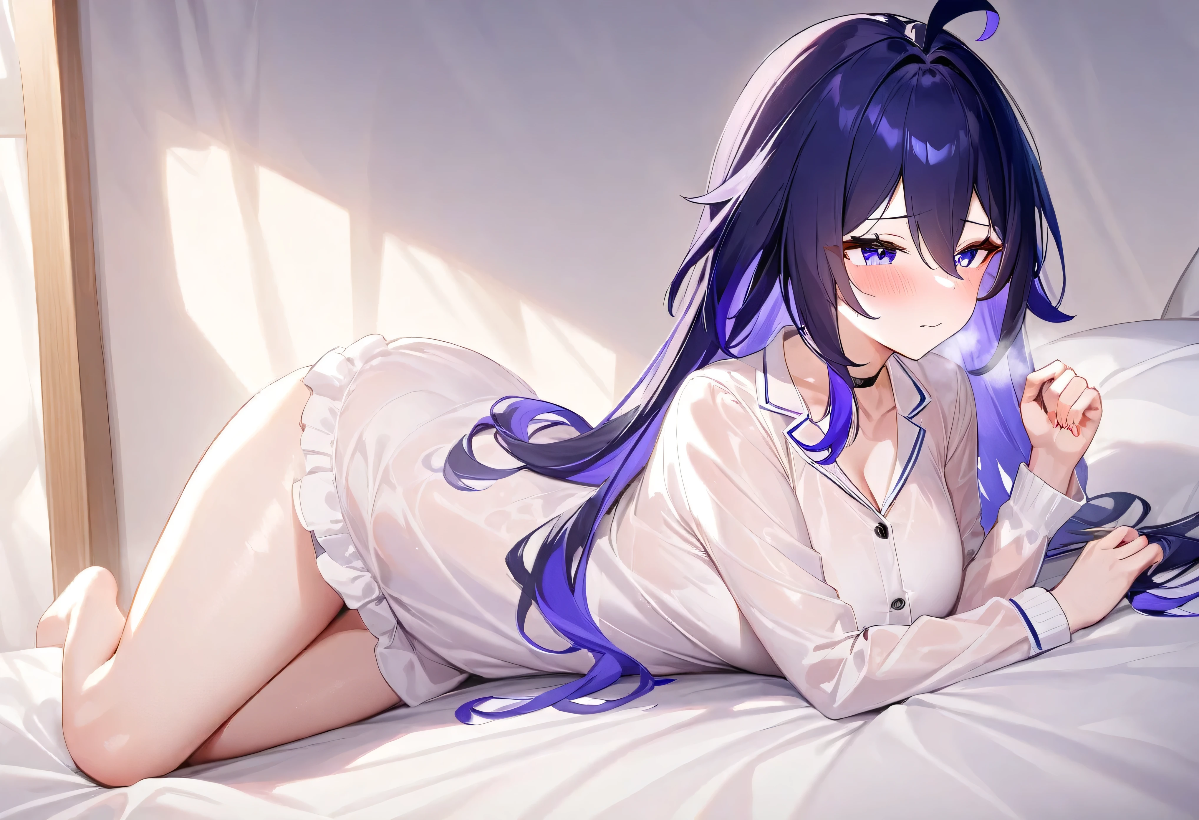 score_9, score_8_up, score_7_up, masterpiece, best quality, absurdres, vibrant, highly detailed, full body, 1girl, adult grown woman, seele \(honkai: star rail\), dark blue hair, purple eyes, long hair, blush, closed mouth, heavy breathing, lying on stomach, in a relaxed pose, bed_invitation, bed_sheet, bed, pajamas, night