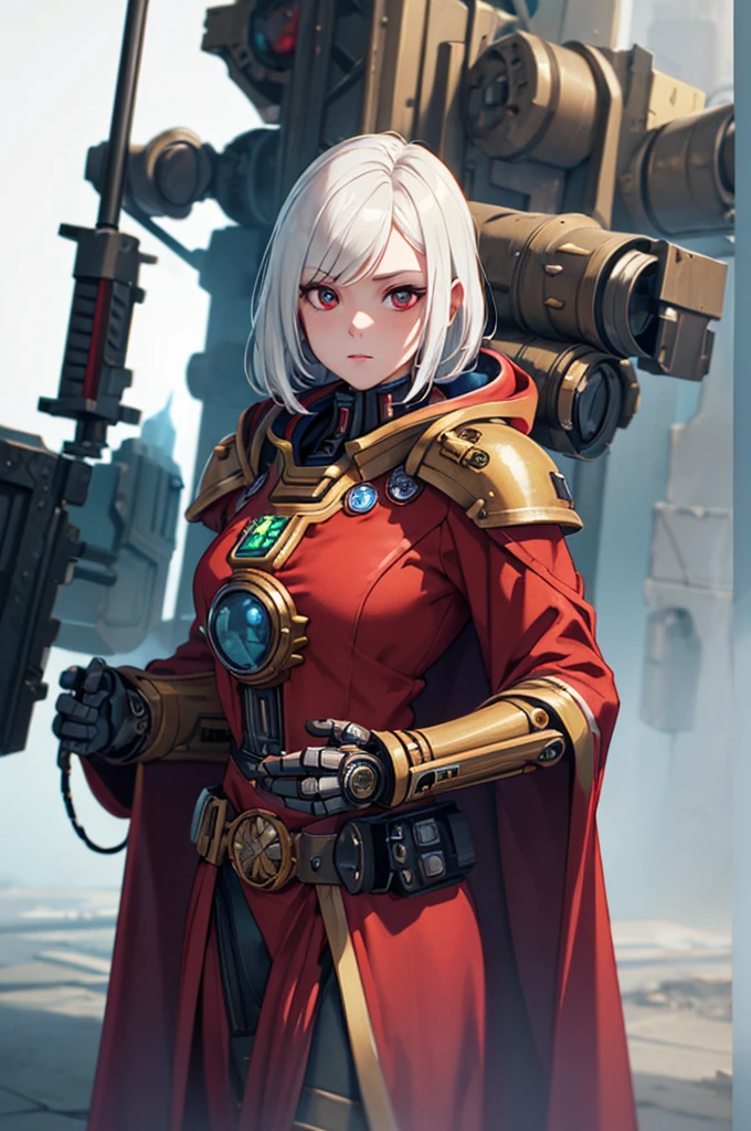 female warrior, (best quality:1.6), (, white hair), red cape, (warhammer 40k art:1.4), , walking, (background: spacious spaceship hangar, steampunk machinery), (best quality:1.6),beautiful face, (best quality, masterpiece, award winning:1.4),(best quality:1.6), (octane render, depth of field,  vivid colours:1.4), empty hands, (octane render, depth of field:1.7), adeptas mechanicus, red robe, tech priest, robotic limbs, robotic eye, hood,