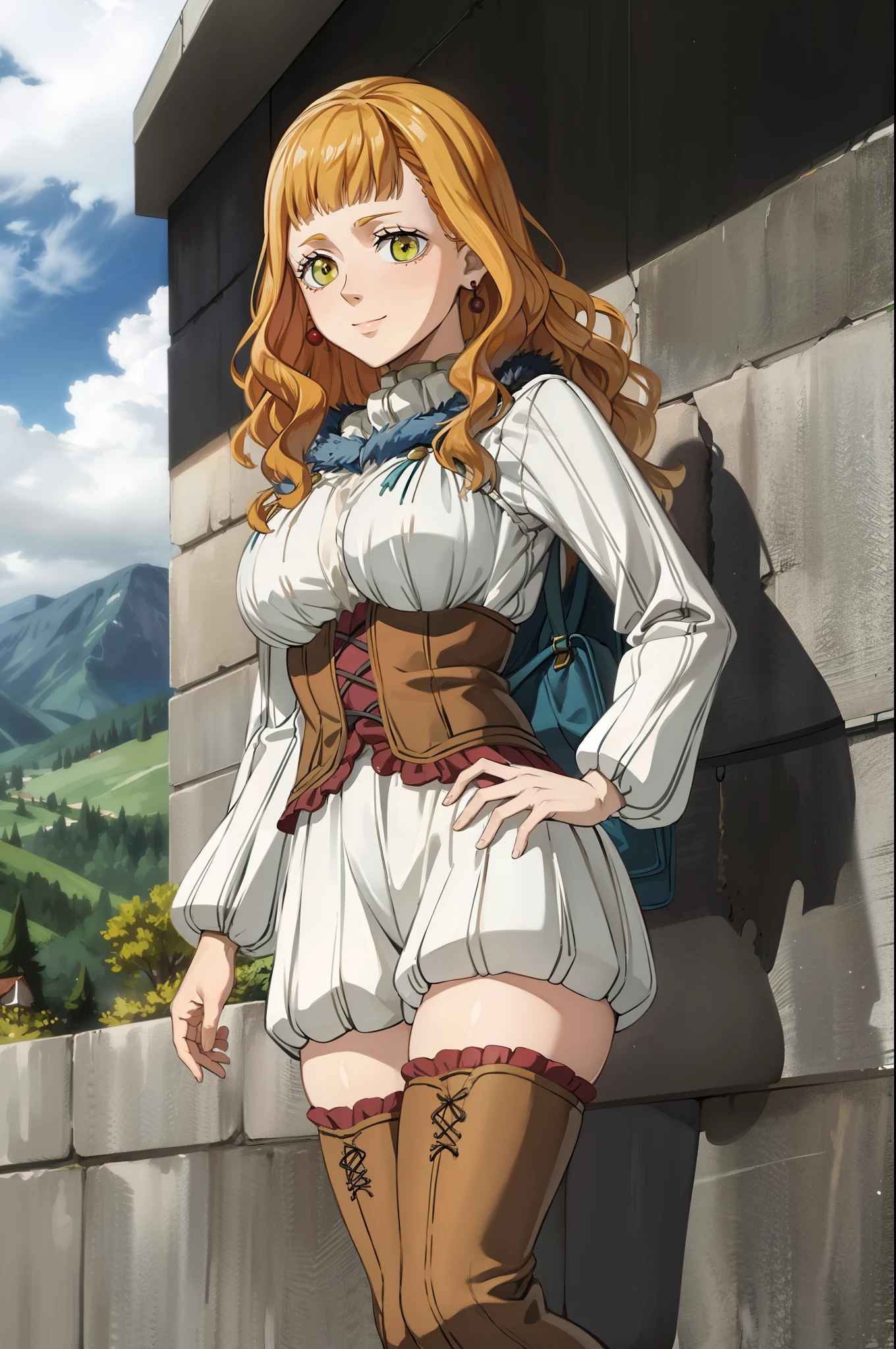 (masterpiece, best quality:1.2), (black clover style, mimosa vermillion), (1girl, solo), (orange hair, wave long hair), earrings, smile, looking at viewer, turtleneck sweater, corset, thigh boots, (outdoors, forest, scenery), Fixhand