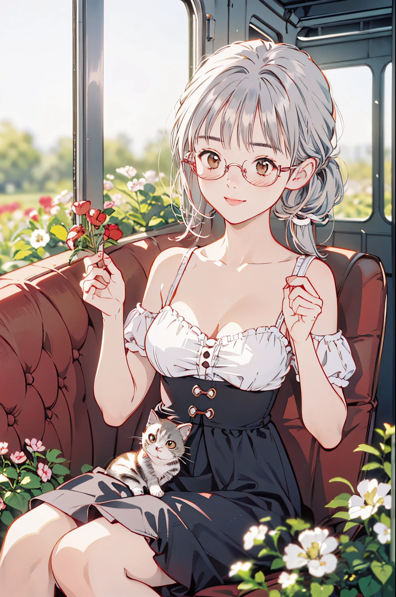 (8k、top-quality、​masterpiece:1.2)、(Realistic、Ultra-detailed、 super A high resolution 、 1 girl, ,Beautifully detailed face, perfect body for a lawn、 Big Breasts  ,((  ponytails bleeding from the vagina、 Silver Hair)),((Daytime)),narrow、( slim waist  :1.3)、 beautiful detailed skin、 skin texture、Floating Hair、((daylight)),(( office lady holding kittens,  sitting desk in the back seat of the bus,Wear red glasses )),,Full face blush,((morning))  ,(Holding a kitten)、 smiling gently 、Flower Field、