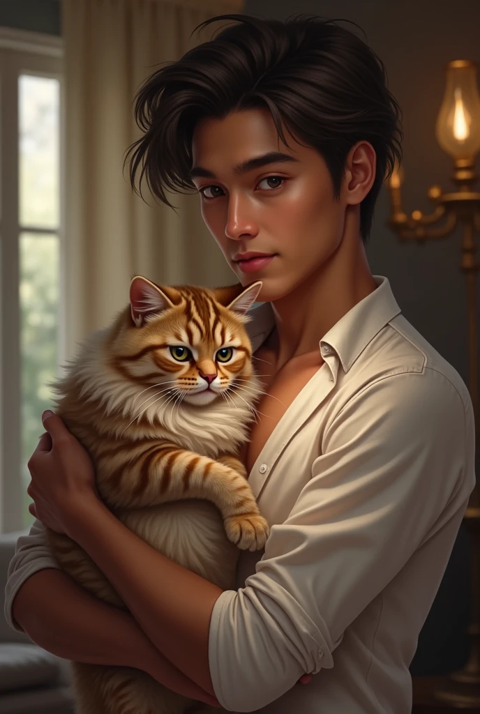 Portrait d'un mannequin masculin, 22 ans, corps sculpté, regard intense, portant un chapeau et un chat, fond tropical