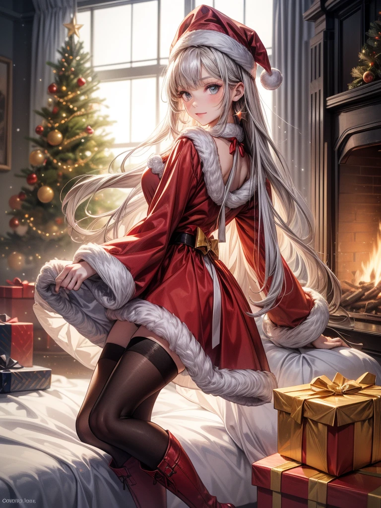 In the snowy city in winter,Voluminous and fluffy Santa costume,The chest is fluttering,Wrap the main unit with a ribbon,Loose socks,Christmas tree,Beautiful and fantastic night view,Light pink hair,Orange Eyes,Reindeer and sleigh,Ecstasy on a sleigh,There are many gifts and ornaments around,There are also many thick vibrators and sex toy vibrators,SEX,AHE Face,red tide,Put your fingers inside your underwear and pull them to the side,White liquid on the body and face,White liquid overflowing from the crotch,Smokexxx,Gentle smile,I'm glad to drool,