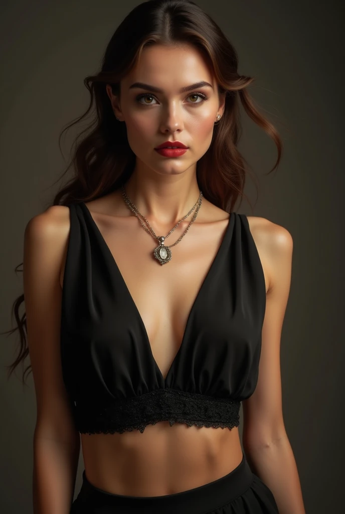 ((Best quality, 8k, Masterpiece :1.3)), Sharp focus :1.2, A pretty woman with perfect figure :1.4, Slender abs :1.2, ((Dark brown hair, huge breasts :1.4)), (wearing halter top dress:1.3), bare shoulders, Highly detailed face and skin texture, Detailed eyes, Double eyelid