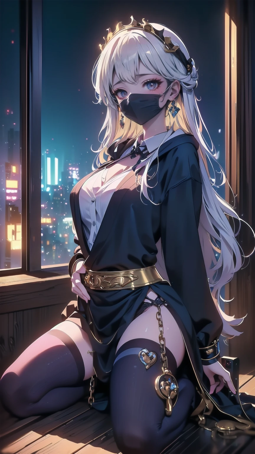 (masutepiece, of the highest quality, Best Quality, Official art, Beautiful and aesthetic:1.2),  Extremely detailed,(Colorful:1.1),highest details, one arafed woman with braids white hair and pink tips  and green eyes, big breast, sfw, nylon maid outfit, night, blue moon