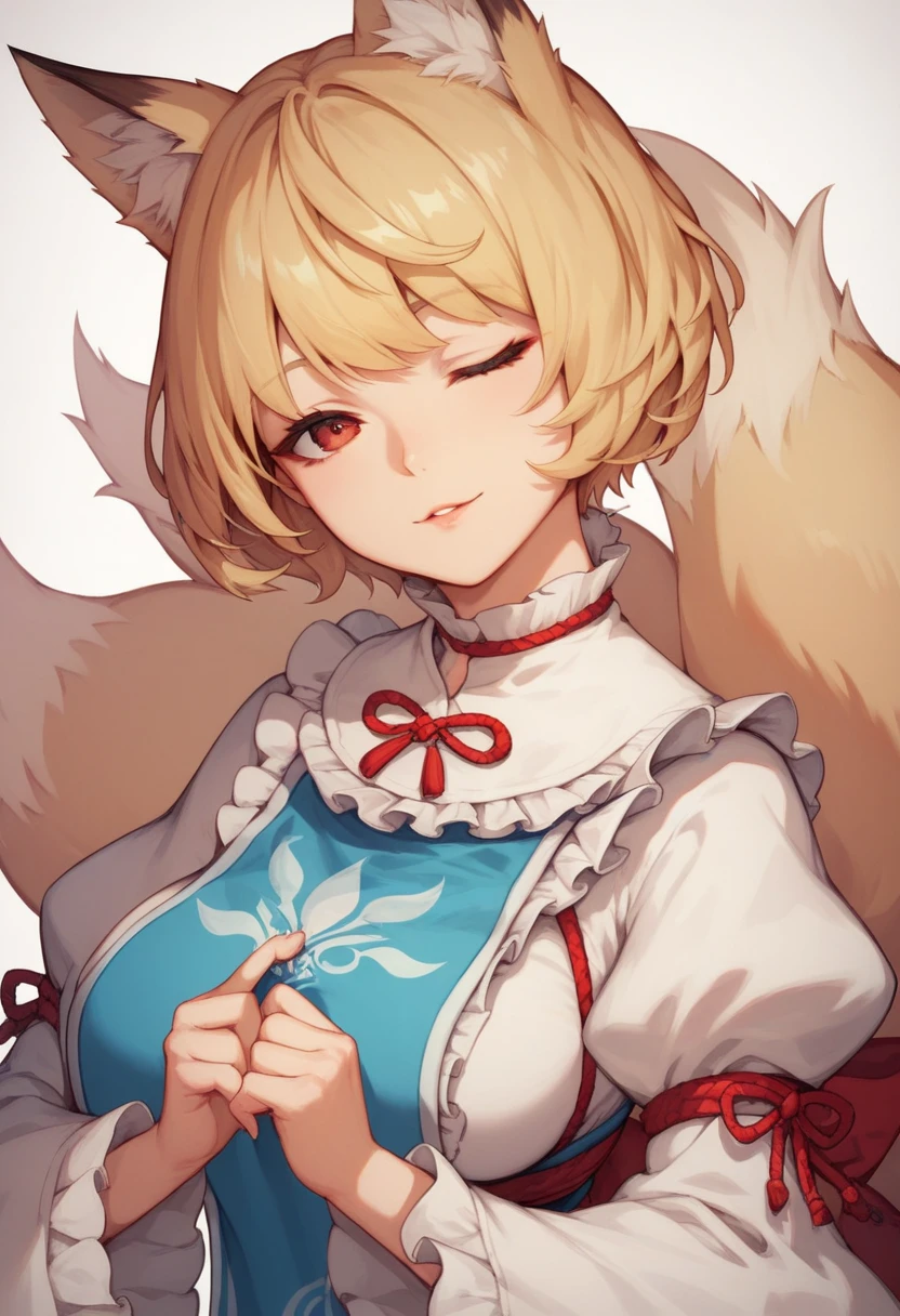 Yakumo Ran,  1 girl ,  have ,  blonde hair ,  fox tail, Tabard,  Short Hair , Good eyes,  Multiple Tales,  Long Sleeve ,  white dress,  wide sleeve , bangs, frills,  ruffled shirt collar,  Ruffle sleeves,  head tilt, narrow,