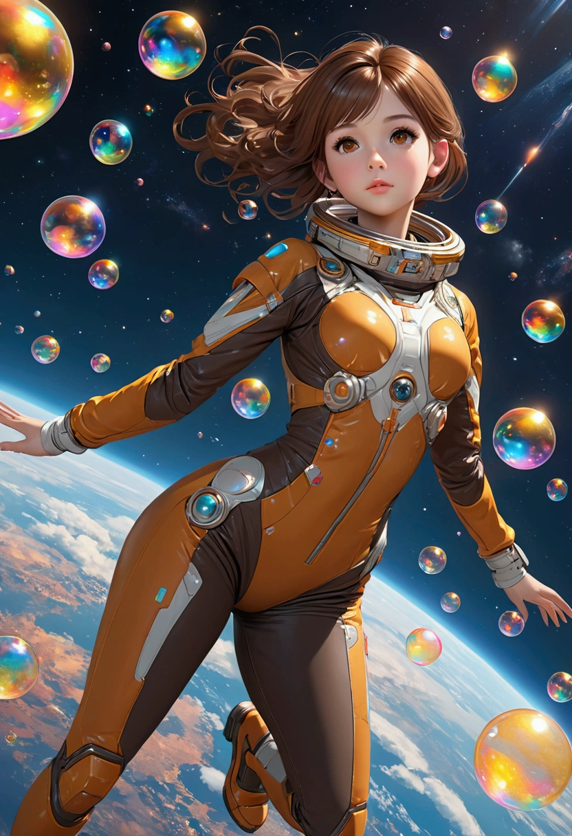 hd masterpiece, one standing woman space cadet looking at camera, detailed face, mid shot, golden suit, ((colorful clouds)) and (((neon soap bubbles))), jungles background