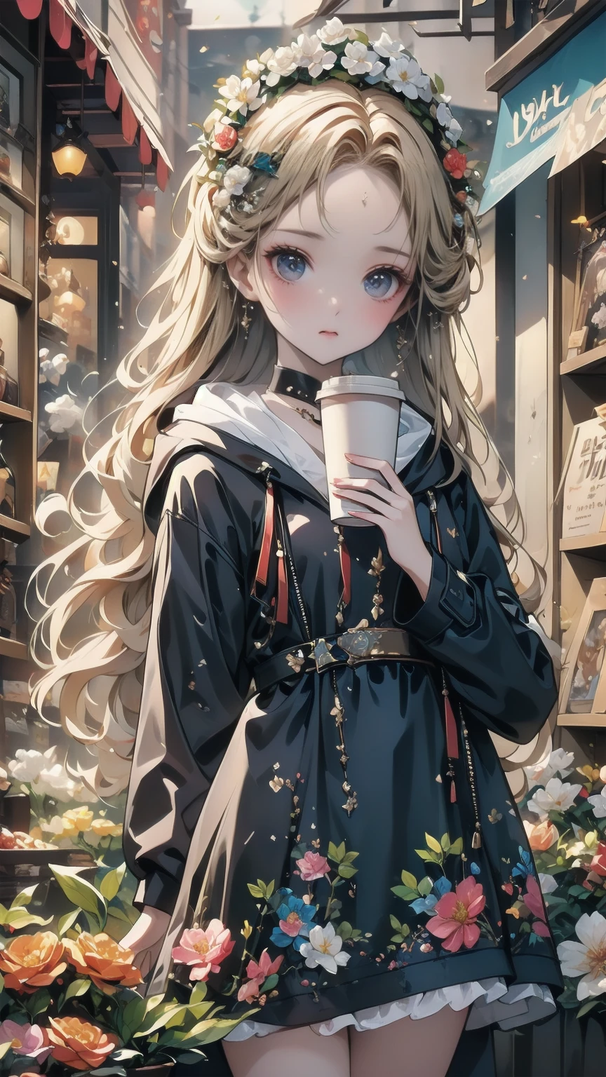  best quality,  very ，cute ,  blonde alone, Curly hair, evil，Floral Dress，  down jacket ，I would like to drink coffee from the shop on the night of the festival.，
