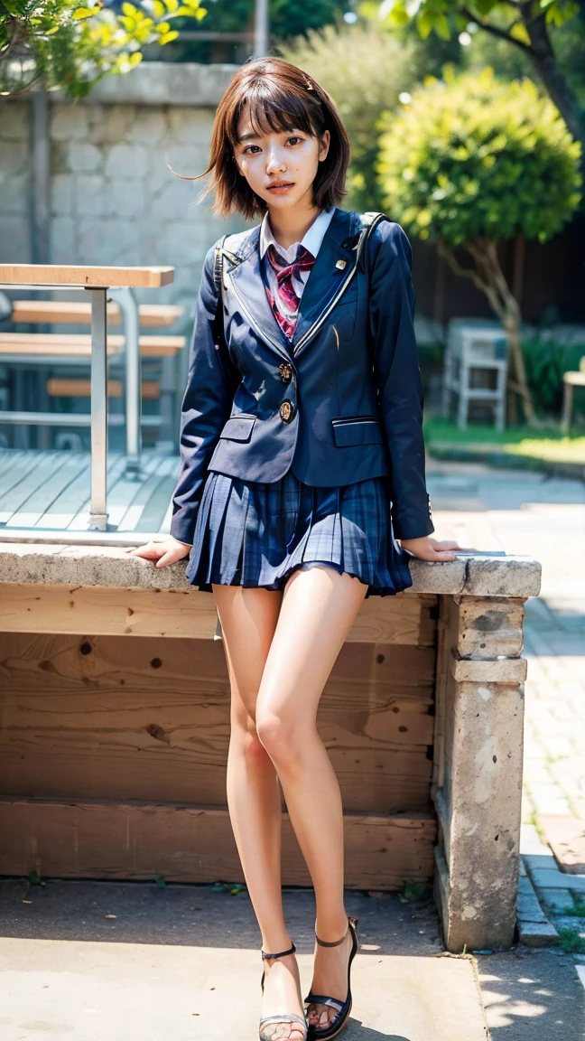 a beautiful 18 year old japanese high school girl with perfect anatomy, healthy thighs, beautiful legs, beautiful skin, random hair color and style, large breasts, wearing a japanese schoolgirl uniform, holding a student bag, full body shot, standing on a city street, (best quality,4k,8k,highres,masterpiece:1.3),(extremely detailed:1.2),photorealistic,ultra-detailed,vivid colors,studio lighting,professional