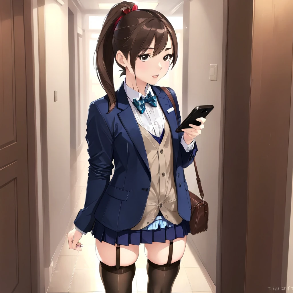 1girl solo, blazer, pleated skirt, brunette, ponytail, bowtie, thighhighs, standing, skindentation, embarassed, elbow bag, looking at viewer, holding phone. 