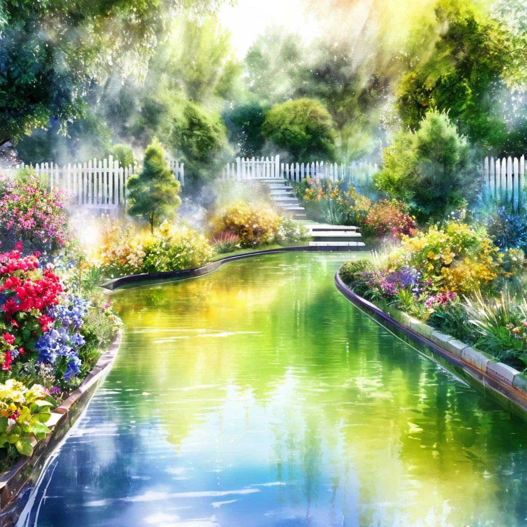 garden city scenery, watercolor painting (pouring, dripping, puddling techniques), blurred painting, water-based paint effects, BREAK delicate and dynamic textures, contrasts of light and shadow, 2.5D, artistic photography, hyper realistic, digital graphic CG, ultra detailed, absolutely resolution, best quality