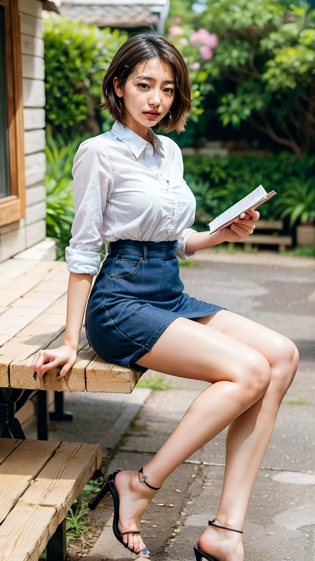 a beautiful detailed japanese woman, 24 years old, with healthy thighs, beautiful legs, beautiful skin, random hair color and hairstyle, large breasts, female secretary, wearing a miniskirt, full body shot, high heels, holding a notebook in one hand, (best quality,8k,masterpiece:1.3),(extremely detailed:1.2),perfect anatomy