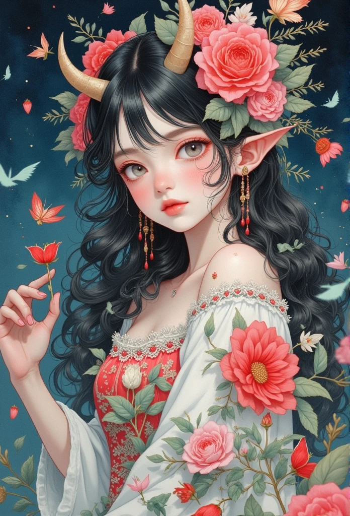 a woman with horns and a dress with flowers on it, a detailed painting by Yuumei, trending on cg society, pop surrealism, anime fantasy illustration, beeple and jeremiah ketner, decora inspired illustrations, bright witch, witch girl, digital anime illustration, 8k high quality detailed art, detailed fanart, japanese pop surrealism, fantasy art style