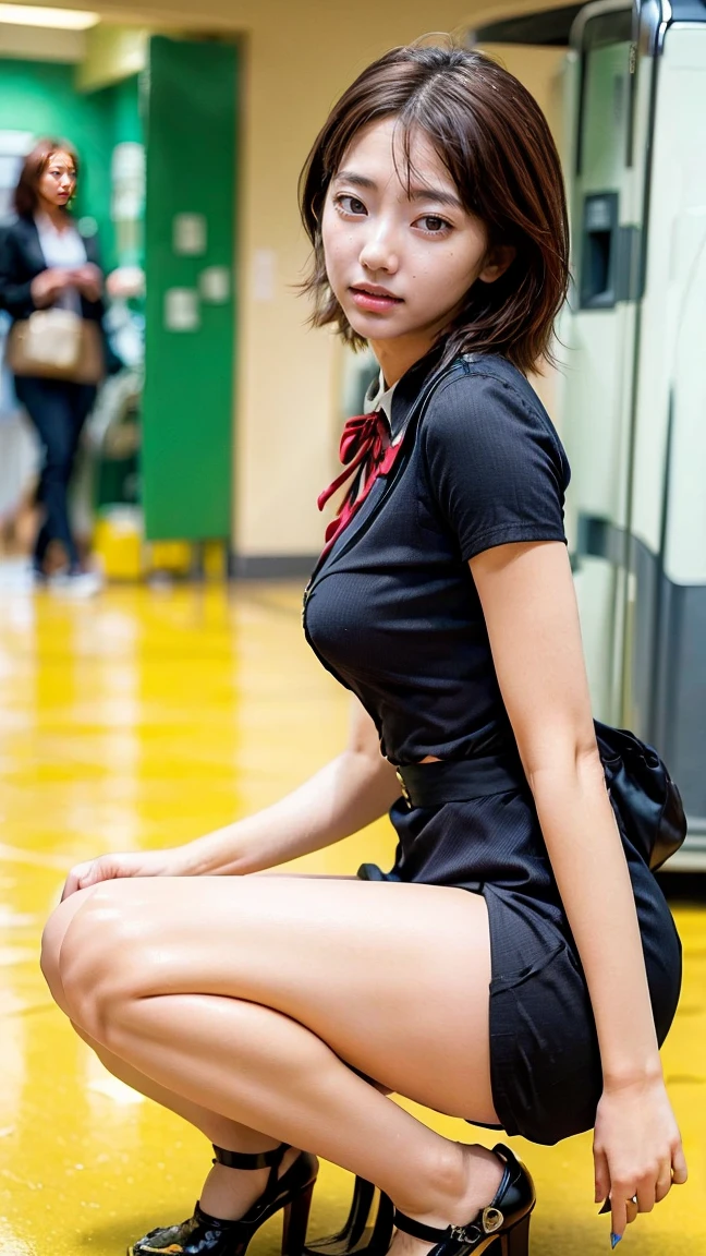 A beautiful, 24-year-old Japanese woman with perfect anatomy, healthy thighs, beautiful legs, beautiful skin, random hair color and style, large breasts, wearing a flight attendant uniform (1.3) with a mini-skirt (1.3), full body shot, pumps, carrying a suitcase, at the airport, (best quality,4k,8k,highres,masterpiece:1.3),(extremely detailed:1.2),realistic,photorealistic,photo-realistic:1.37,professional,vivid colors,studio lighting