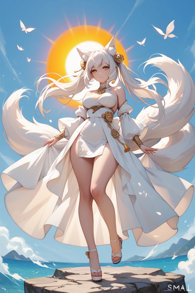 High res, shading, God, white hair, long hair,((pale skin)),golden eyes, heavenly background, sunlight, clouds, sun rays, white robes,((femboy)), wide hips, massive ass, massive thighs, staring at viewer lovingly