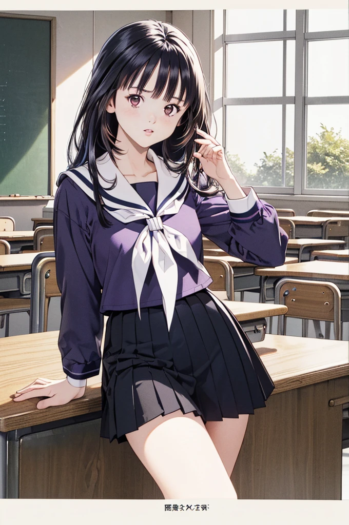 (8k、top-quality、​masterpiece:1.2)、(Realistic、Ultra-detailed、 super A high resolution 、 beautiful detailed face , perfect body for a lawn,( 1 girl ,Long black hair),( school uniform, sailor suit ,Purple Shirt,navy skirt,White Thailand), Contrapost, clevis,in classroom, Portrait
