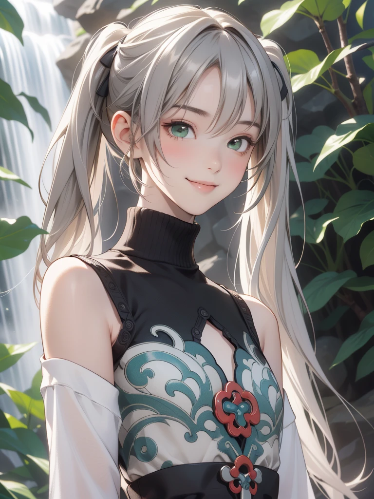 from side, ((1girl,tarte green eyes twintail)),((qingque, smiling)),((silver hair)), highres, sharp focus, pixiv masterpiece, ((intricate details)), highly detailed, upper body, 1girl, (((pixel-perfect, detail-perfect))), solo, 1girl, looking at viewer, smile, ((upper body)), ((from below)), lace curtain silhouette:1.2、front facing、I can only see your face、Particles of light:0.5,(masutepiece, Best Quality:1.2), 1 girl in, Solo, Scenery, Illustration, Looking at Viewer, Ultra-realistic 8K CG，tmasterpiece，（（Ultra detailed backgrounds，delicate patterns，intricate-detail））best qualtiy，very vey very detailed face，extremely detailed eye and face，Very detailed eyes， (hi-top fade:1.3)、Bright theme、Muted Tones、Subdued Color、highly contrast、(natural skin textures、Hyper-Realism、Soft light、sharp), ((waterfall background)), Sun'rays