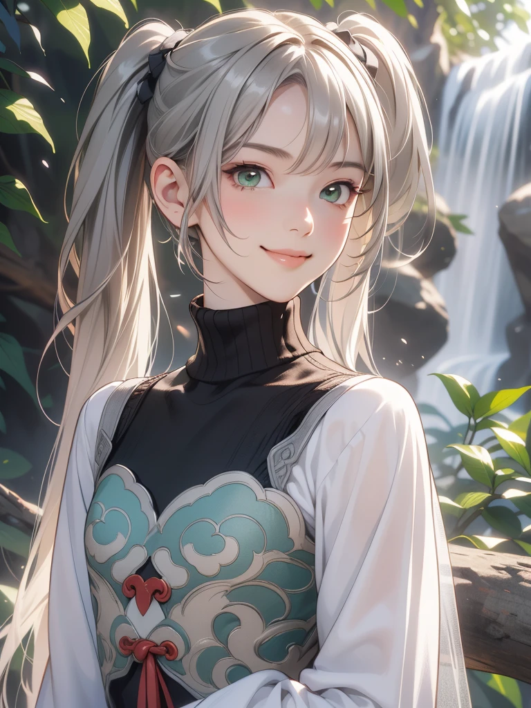 from side, ((1girl,tarte green eyes twintail)),((qingque, smiling)),((silver hair)), highres, sharp focus, pixiv masterpiece, ((intricate details)), highly detailed, upper body, 1girl, (((pixel-perfect, detail-perfect))), solo, 1girl, looking at viewer, smile, ((upper body)), ((from below)), lace curtain silhouette:1.2、front facing、I can only see your face、Particles of light:0.5,(masutepiece, Best Quality:1.2), 1 girl in, Solo, Scenery, Illustration, Looking at Viewer, Ultra-realistic 8K CG，tmasterpiece，（（Ultra detailed backgrounds，delicate patterns，intricate-detail））best qualtiy，very vey very detailed face，extremely detailed eye and face，Very detailed eyes， (hi-top fade:1.3)、Bright theme、Muted Tones、Subdued Color、highly contrast、(natural skin textures、Hyper-Realism、Soft light、sharp), ((waterfall background)), Sun'rays