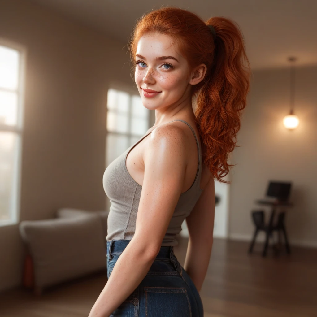 1girl in, age19, Solo, Aesthetic artwork, irish redhead, wavy ginger hair, shoulder length ginger hair, light grey eyes, a smile, some small freckles, pale skin, A-cup, runners body, (textured skin, skin pores:1.1), (moles:0.8), imperfect skin, goosebumps, sexy jeans, location (house)(extremely detailed 8k wallpaper), (soft lighting), high quality, film grain, Fujifilm XT3 sharp focus, f 5.6, 50mm, High Detail, Sharp focus, slightly modified beautiful and unique facial features, crazy details, complex details, hyperdetailed)(8k, RAW photo, highest quality),(epic realistic:1.5), a girl, dynamic posture,erotic face,shirt,(detailed eyes:0.8),(looking at the camera:1.4), (highest quality), (best shadow),intricate details,cinematic,((skin:1.4)),interior, (long ponytail ginger hair:1.3),dark studio,(hdr:1.5),detailed, muted colors, frecklesTop quality, (bright lighting: 0.7), masterpiece, big angle shot, RAW photo (pale 25-year-old polish woman, looking up at the viewer), cute, (leggins), (tight ass), with bright red matted hair),, perfect face, captivating eyes, bright details, pouting lips, (high skin detail), freckles, medium breastlue tint: 0.6), (dirty: 0.8), (bloody: 0.7), Key lighting, (backlight: 0.5), medium depth of field, Canon 5D, 50mm lens, f/4 aperture, (ultra-detailed, complex detail), sharp focus, soft colors, 8k, absurd, 8mm film grain, tight mini dress, freckles, sexy legs, standing,