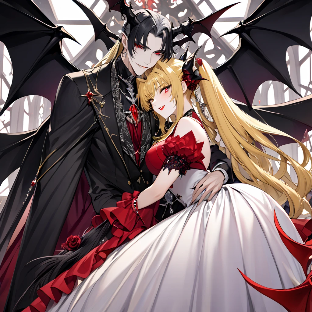 The woman who became a demon as a wife to the ugly demon king of the alien devil is the beautiful devil's blonde Fate Testarossa, smiles gently on her beloved husband, wears the gorgeous evil demon queen dressed with gorgeous jewelry accessories, and is always snuggling up and loving the ugly devil of the atypical king of the atypical demon as the devil's wife of the demon king of the atypical demon, and is hugged and kissed and loved by the evil demon king of the demon king in the devil of the demon king of the devil Of Loved by an ugly devil, the woman will forever be the Daima queen who is the wife of the great devil, and the birth of the devil's daimao and daima queen who love each other、(( best quality)), ((masterpiece)), ( Details), （ perfect face）,The woman is a blond Fate Testarossa with outstanding proportions, is the devil's possession, and is a symbol of devil worship as the devil's virgin, and is beautifully decorated, loved and worshipped by demons, giving hope to humans and despair 、The woman who became a demon as a wife to the demon queen of the great devil 