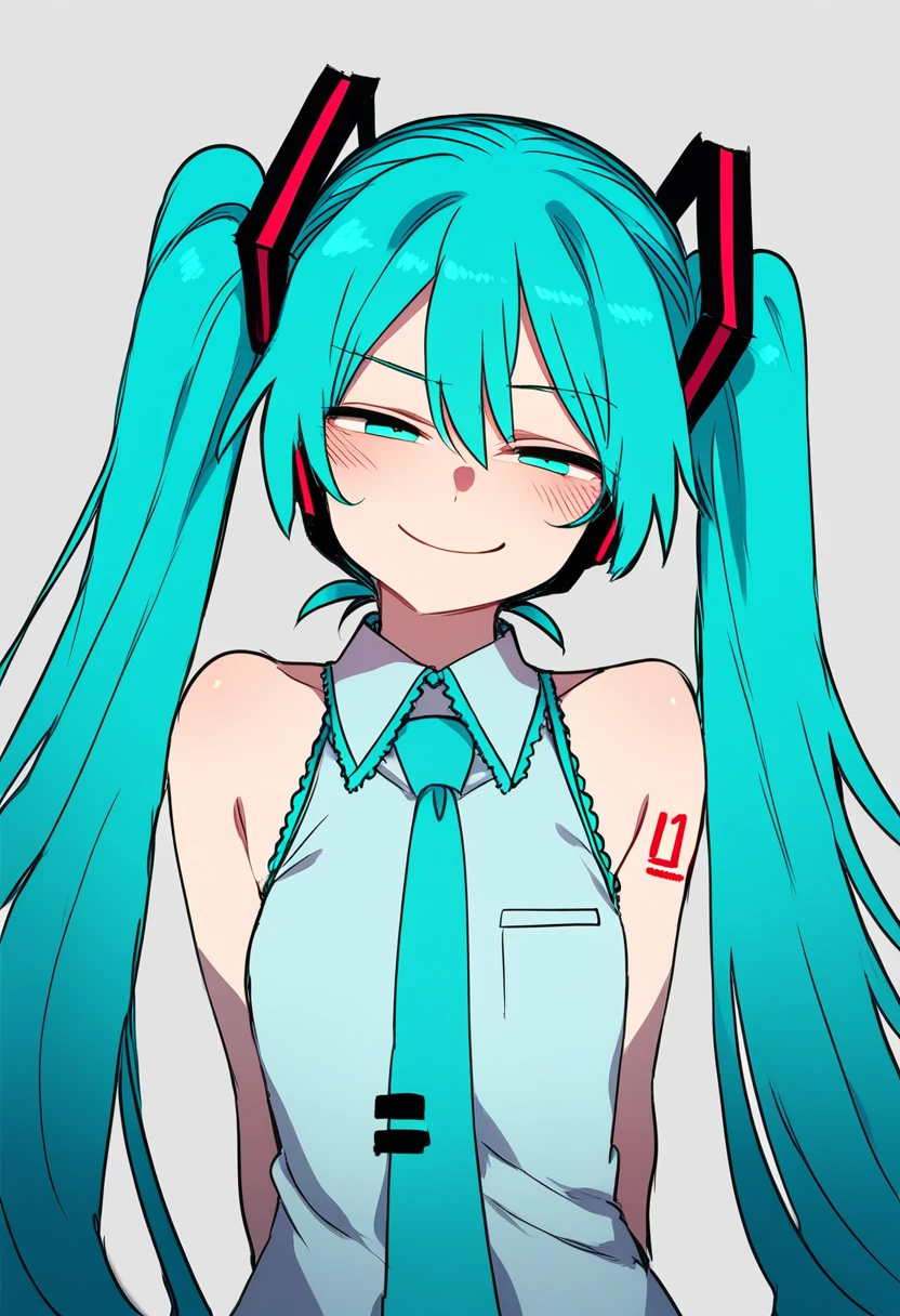 score_5_up,score_6_up,
1girl, solo, arms behind back, aqua hair, aqua eyes, twintails, hair ornament, sleeveless, hatsune_miku, tsurime, smug, half-closed eyes