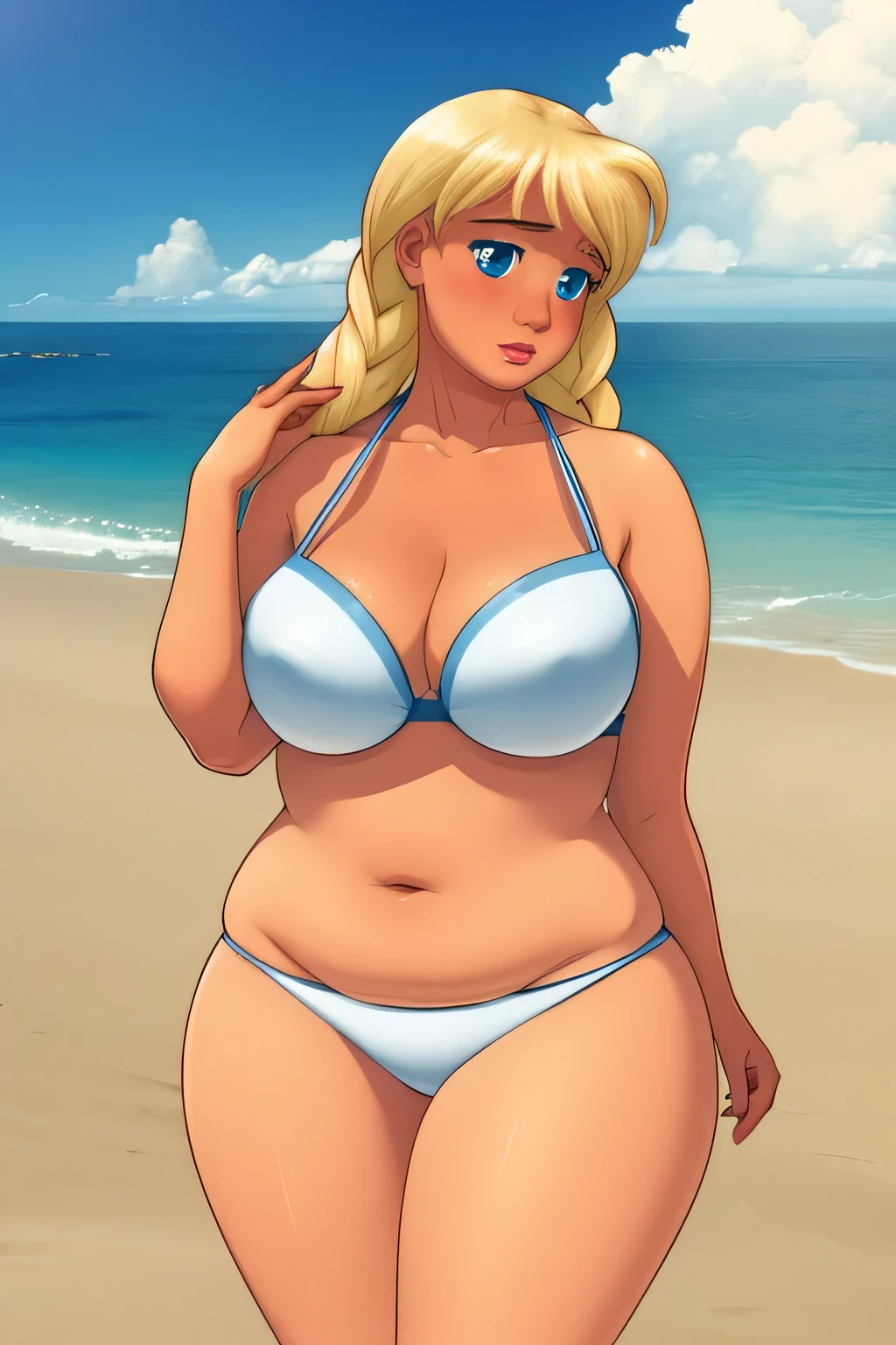 ((masterpiece)), ((realistic art)), ((anime)), ((perfect quality)), (beach), (very chubby), (night), ((best quality)), ((solo)), ((girl)), sl, blonde hair, (full body art), face : [very beautiful face, realistic, detailed, (perfect face), plump face, plump cheeks], emotions : [ (ashamed), (blushed), red cheeks ], (very chubby), (fat), (huge breasts), (large breasts), (very fat), figure : [ very full body, (very fat), (very thick), (very chubby), (very fat), (very sexy), (overweight), (fatty), (sexy curves), (very curvy), (very chubby), (very plump), (large breasts), (wide waist), (belly bulge), (very chubby belly), (fat rolls), (belly rolls), (very chubby belly bottom), (big deep navel), (very fat ass), (very fat thighs), (thunder thighs) ], (too fat for clothes), clothes : [ (tight white bikini) ]