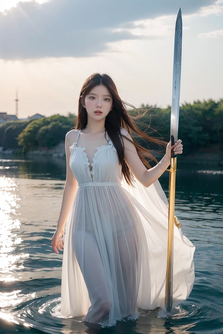 A beautiful Korean girl Fierce eyeswith flowing dark hair holds a sword with golden light in her mouth.Wearing a flowing white dress with a light blue edge, standing on the water, dark background, realistic,