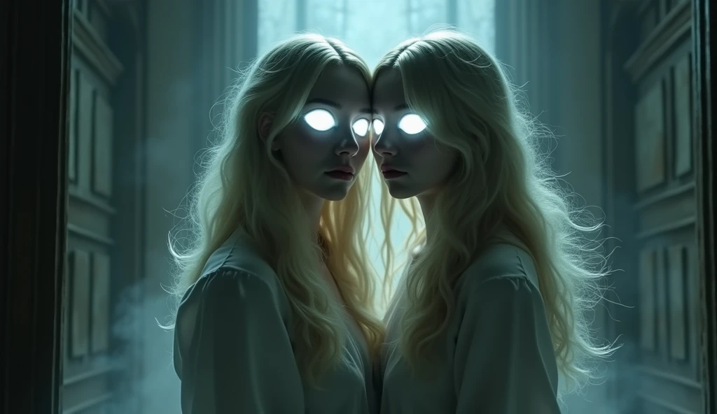 Huge eye in the air.Necromorph blonde looks into the huge eye opposite her,like in a mirror, reflection,veins,bony hand,nature,skull waterfall,horror, mysticism phenomenon fantasy, realistically