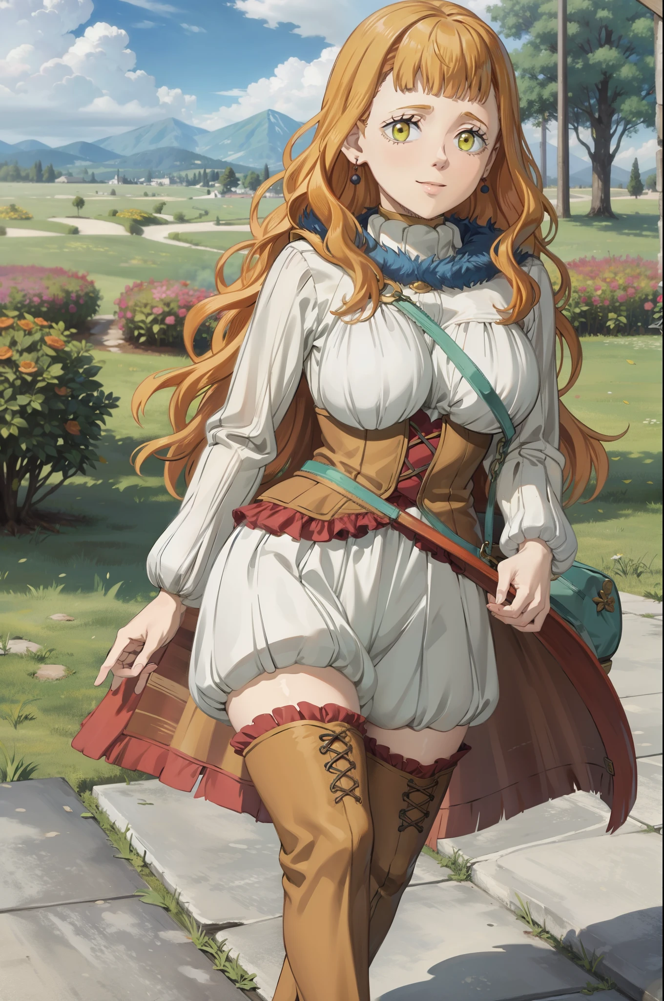 (masterpiece, best quality:1.2), (black clover style, mimosa vermillion), (1girl, solo), (orange hair, wave long hair), earrings, smile, looking at viewer, turtleneck sweater, corset, thigh boots, (outdoors, forest, scenery), Fixhand