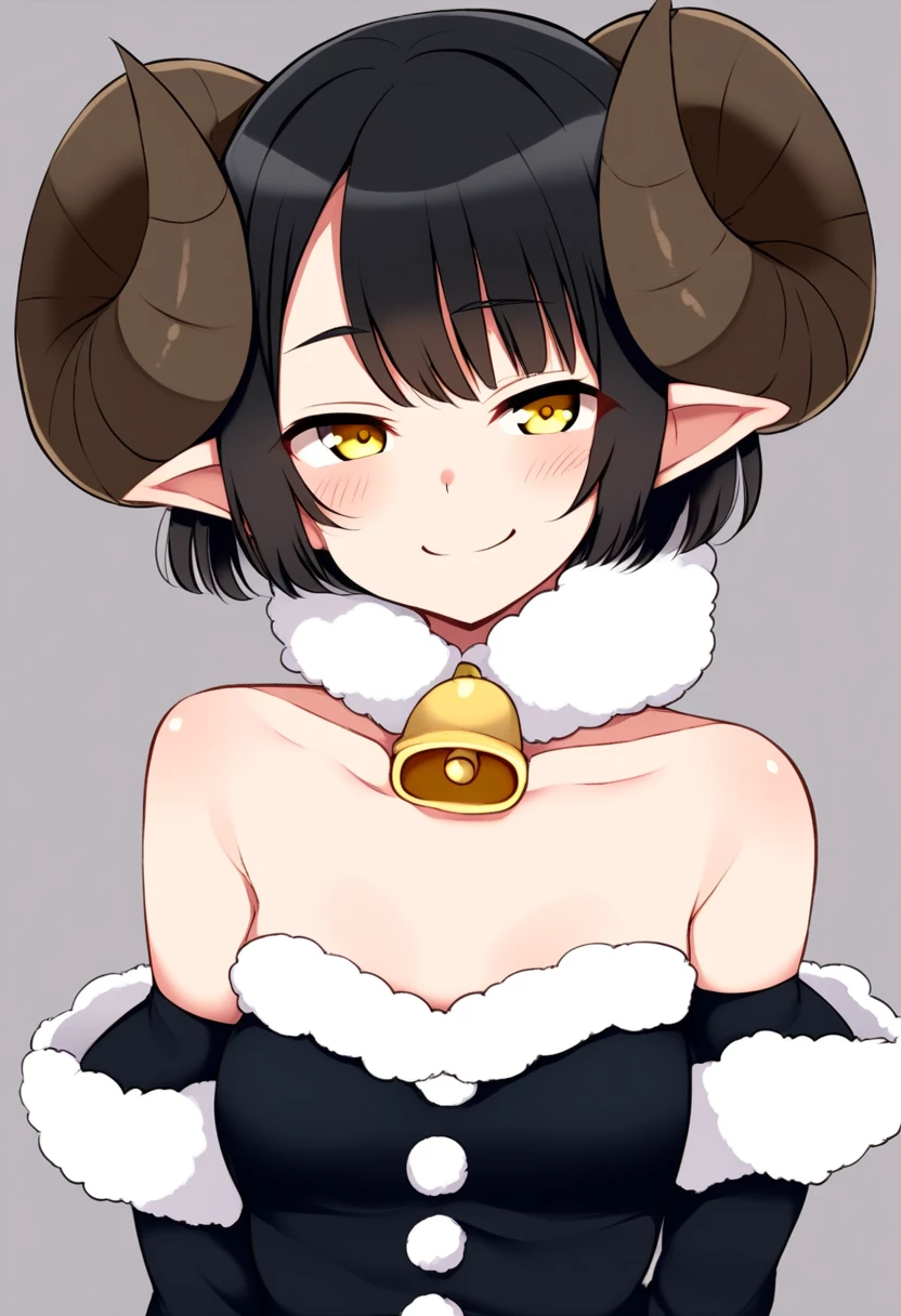 score_5_up,score_6_up,
1girl, solo, looking at viewer, short hair, bobcut, black hair, pointy ears, curled horns, yellow eyes, neck_bell , collarbone, detached sleeves, fur_trim, smug, tareme