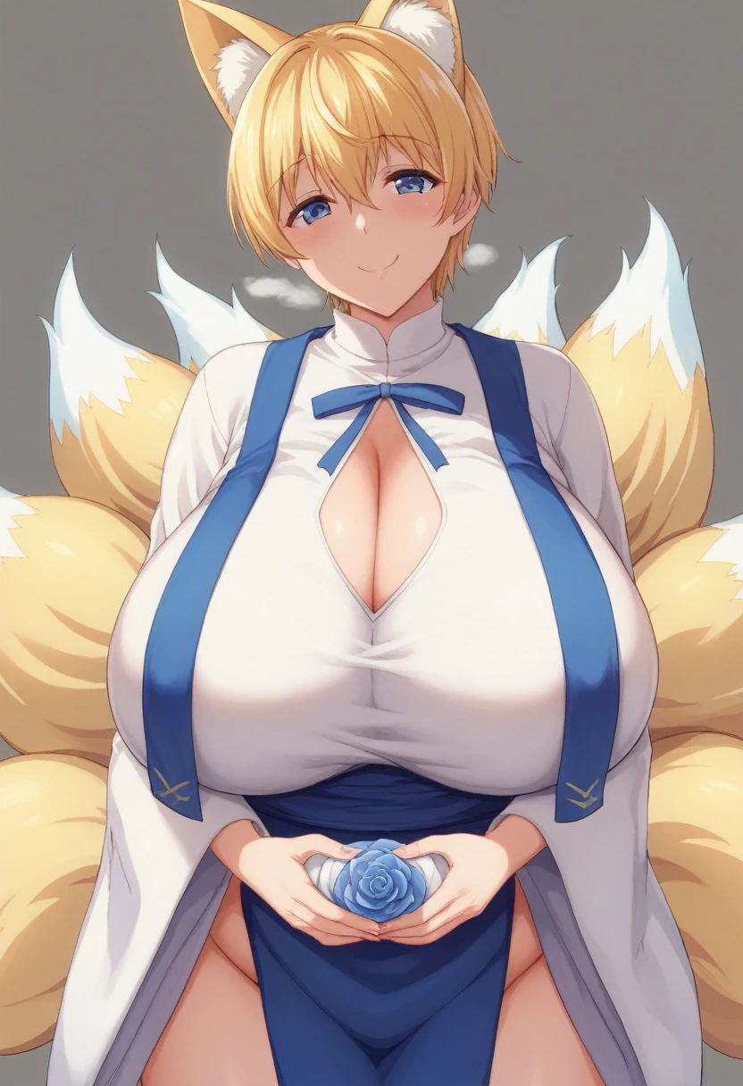  1 girl , Yakumo Ran,  have , Alone,  blonde hair , fox Tail, fox ears, Tail, chest,  gray background , No hat, Tabard,  Short Hair , multiple Tails, large chest,  viewers who show the full nudity,  simple background,  Long Sleeve , white  dress,  put both hands in opposite sleeves,  dress,  hair between eyes,  wide sleeve , bangs, frills, smile,  ruffled shirt collar,  closed mouth , Ruffle sleeves,  head tilt, narrow, Black Rose with Two Hands Together , arms under chest,  standing, chestを触る , Sparkling,(KBXLL-san:0.6), masterpiece,  best quality、 zzz c up ,破裂するchest,特大の Big Breasts,Big Breasts, Big Breasts,big Breasts,big Breasts,Big Breasts,Big big breasts,bigger breasts,big,セクシーな大きなシリコンの Big Breasts,セクシーなビッグサイズのシリコン製Big Breasts, 妊娠中の垂れたchest,((垂れ下がった Big Breasts)),((重く垂れた Big Breasts:1.5))、Obscene body,Fat  mature mature 性,,  erotic manga style body、  mature mature 、 POV,  Put Your Hands on Your Stomach  , ,  Neanderthal Mature Moles  , , wide、Thick butt curves, , Observing WN , Body Steam、Sアップer huge、Sアップer huge、 sアップer exaggerated 、 extra large、 over covered ,  Hidden Breast Erections 