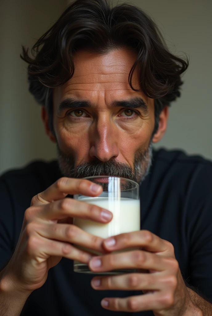 Man with long wavy black mullet hair, drinking milk from the other man's dick