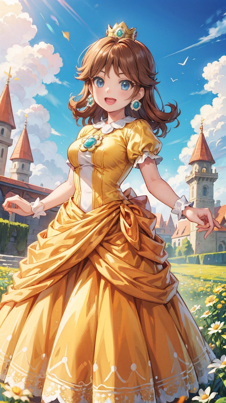 Princess daisy super mario, brown hair, blue eyes, short products hair, gold princess crown, flower earrings, yellow long dress, puffy short sleeves, flower brooch, open mouth, smile, flowers, outdoors, sky, cloudy sky, anime waifu style