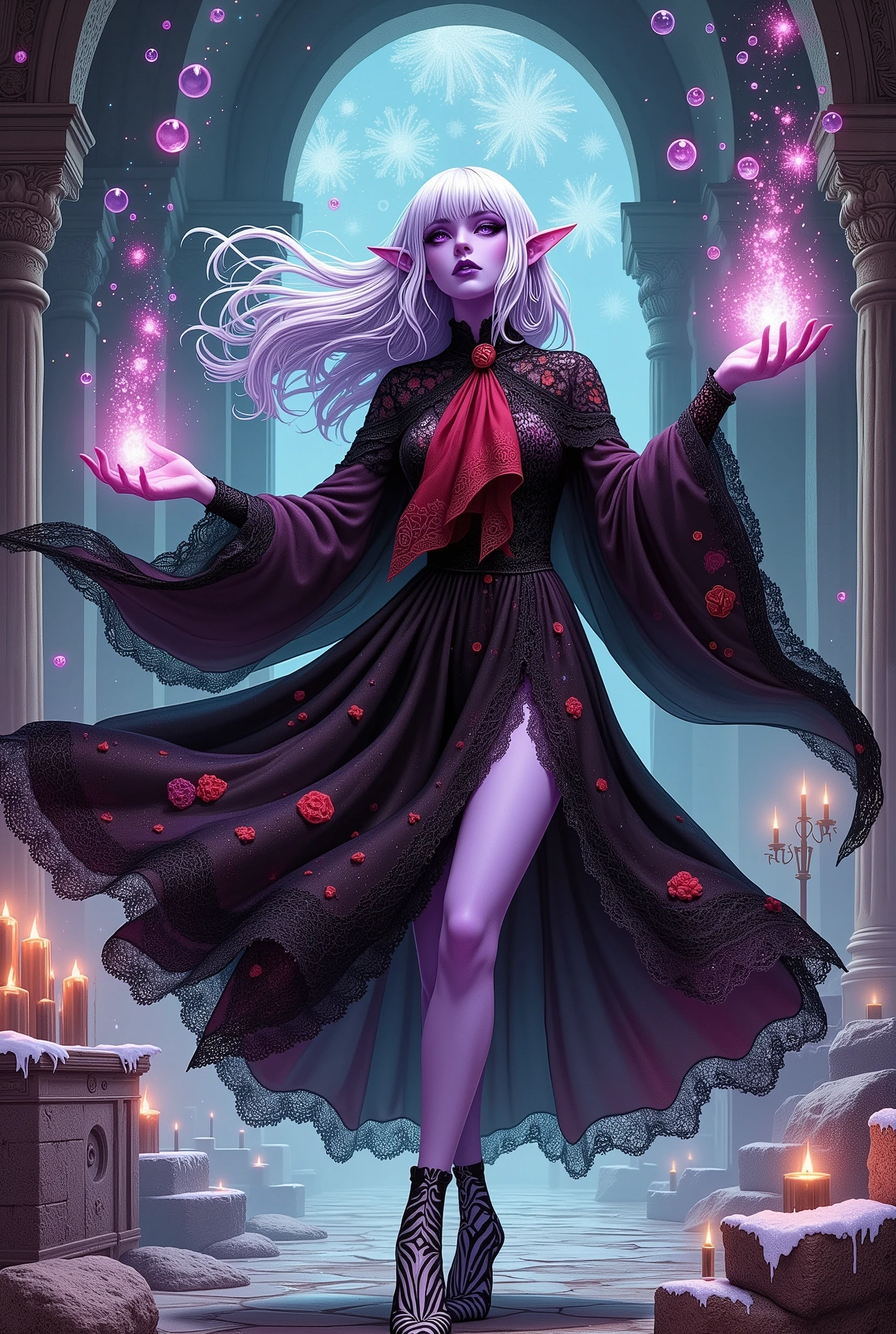 (Ultra-detailed face, Looking away, Fantasy Illustration with Gothic, Dark tone colors), BREAK 
(The dark elf female alchemist dances and sings in large circles with her arms and legs, as if she were performing a Japanese dance. From the fingertips of both hands, very large magic bubbles made of fine particles of red, black, green, blue, purple, orange, and yellow minerals are flying in the air one after another like soap bubbles. The surface of the bubbles is rough and dull and reflective like sand. The bubbles are dancing, flying, bouncing, twisting, inflating, and deflating in time with the woman's song. The bubbles float like musical notes.), BREAK 
(A young-aged dark elf alchemist with pure white hair and eyebrows, blunt bangs, Very long hair, disheveled by the wind, small pink lips, dark-purple color skin, lavender pupils, Draw thick, dark eyeliner around the eyes.), BREAK 
(The female dark elf alchemist wears a cape of red lace fabric and a large red and black coin-dot patterned ribbon tie. She wears a draped smock dress with a small red floral pattern printed on a black background. She wears zebra print high heels.), BREAK 
(This is a magical studio. The room is filled with colorful light, bubbles of light, bubbles of water, bubbles of stone, bubbles of black gas, bubbles of glass, and bubbles of rainbows flying around the room.)