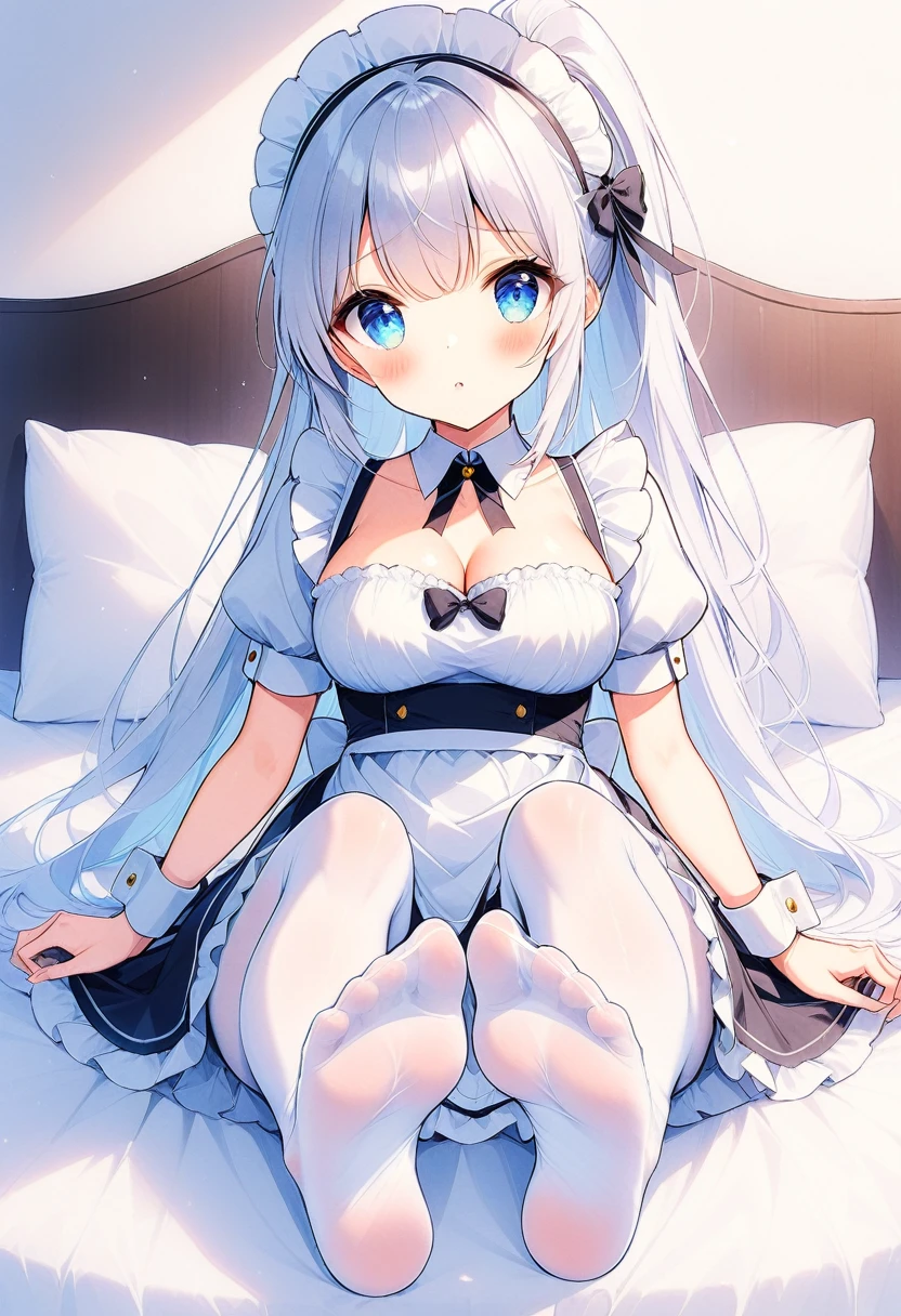 1girl, apron, bangs, blue eyes, blush, breasts, cleavage, dress, eyebrows visible through hair, feet, frills, hair between eyes, long hair, looking at viewer, maid, maid apron, maid headdress, no shoes, pantyhose, pillow, ponytail, puffy short sleeves, short sleeves, silver hair, sitting, soles, solo, toes, very long hair, white apron, white legwear, wrist cuffs, two feet, soles, toes, (foreshortening, foot focus:1.2), score_9_up, score_8_up, masterpiece, best quality