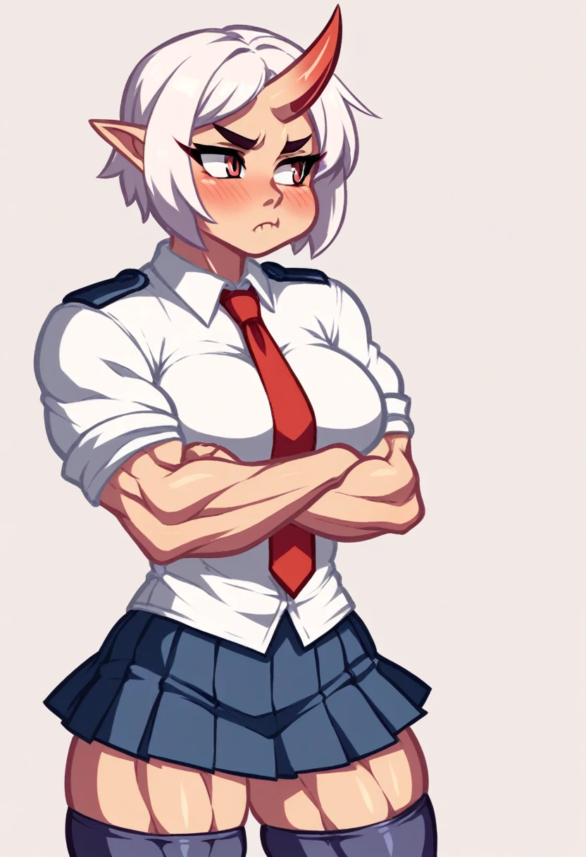 score_5_up,score_6_up,
1girl, solo, crossed arms, pout, looking to the side, school uniform, necktie, pleated skirt, thighhighs, muscular female, oni horn, single horn,, pointy ears, short hair, white hair, red eyes, puffy cheeks, blush, fang_out