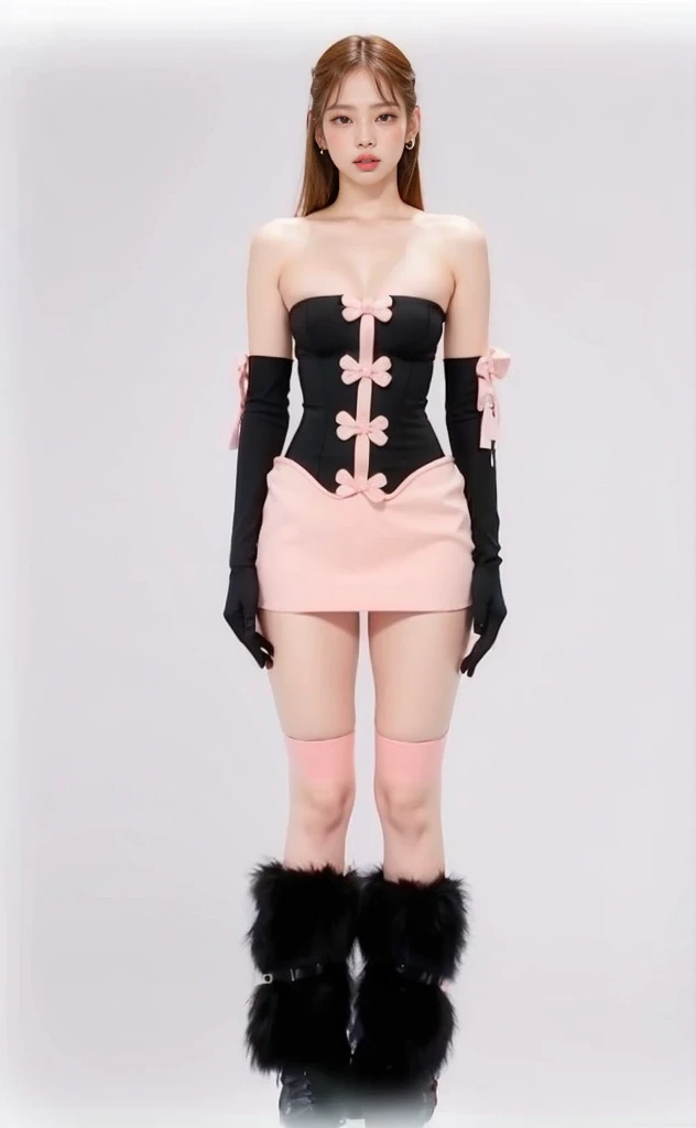 high quality, masterpiece, color photo, 1female, 20 years female, japanese woman, pierced earrings, bunny suit, cloth gloves, bow tie, black pantyhose, leotard, pink hair, twintail,