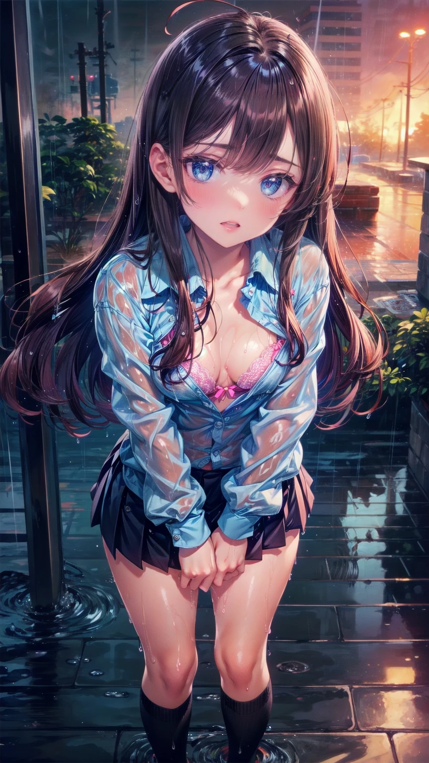 (rain:1.3),Under the elevated, girl,  College Student , wet body,( wet hair :1.5),Wet Face, brown hair,Long Hair,Rolling Waves, small breasts,Wet Long Sleeve Shirt, pink lace bra,break, pleated miniskirt ,break, navy blue socks ,, troubled face,,rain宿り,Knee