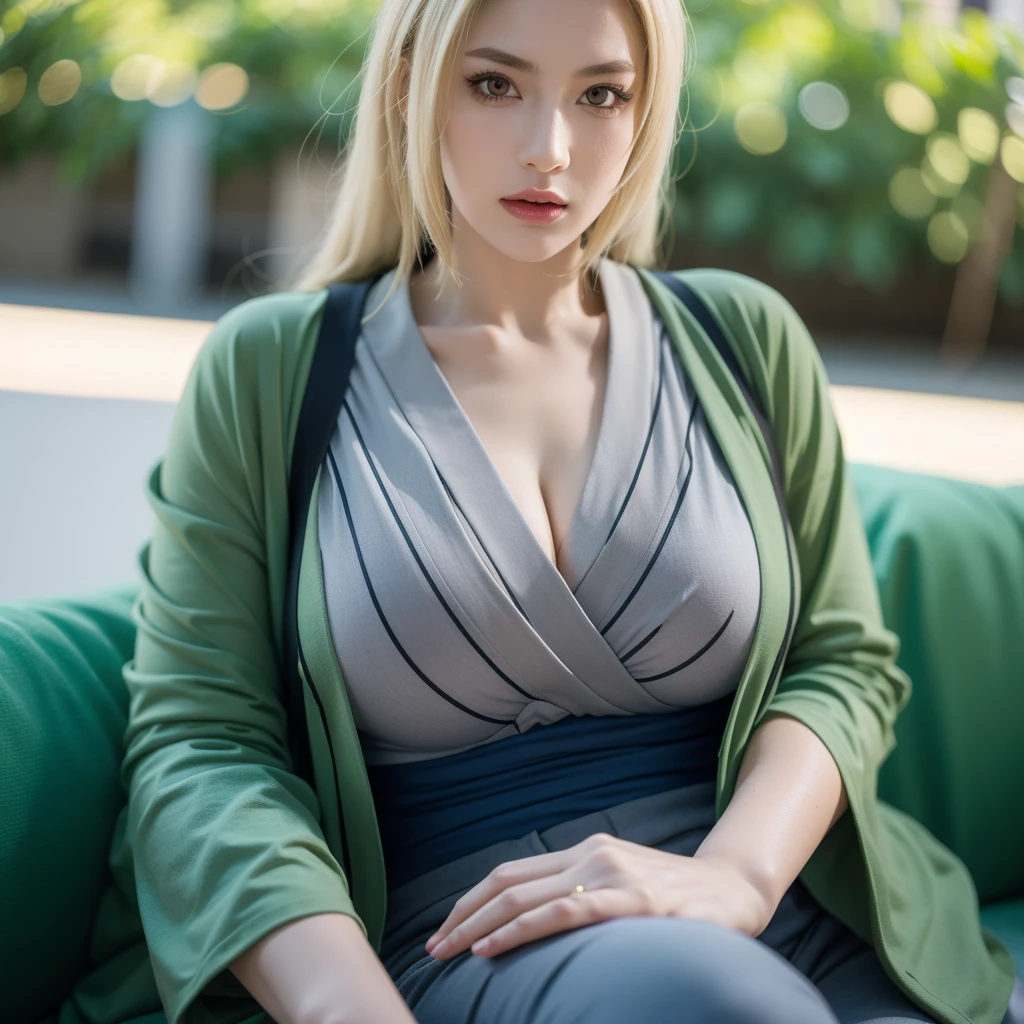 (bestquality,masterpiece,realistic), tsunade, grey kimono no sleeve, green shirt long sleeve no buttons, blonde hair, yellow eye,  blue long pants, large breast